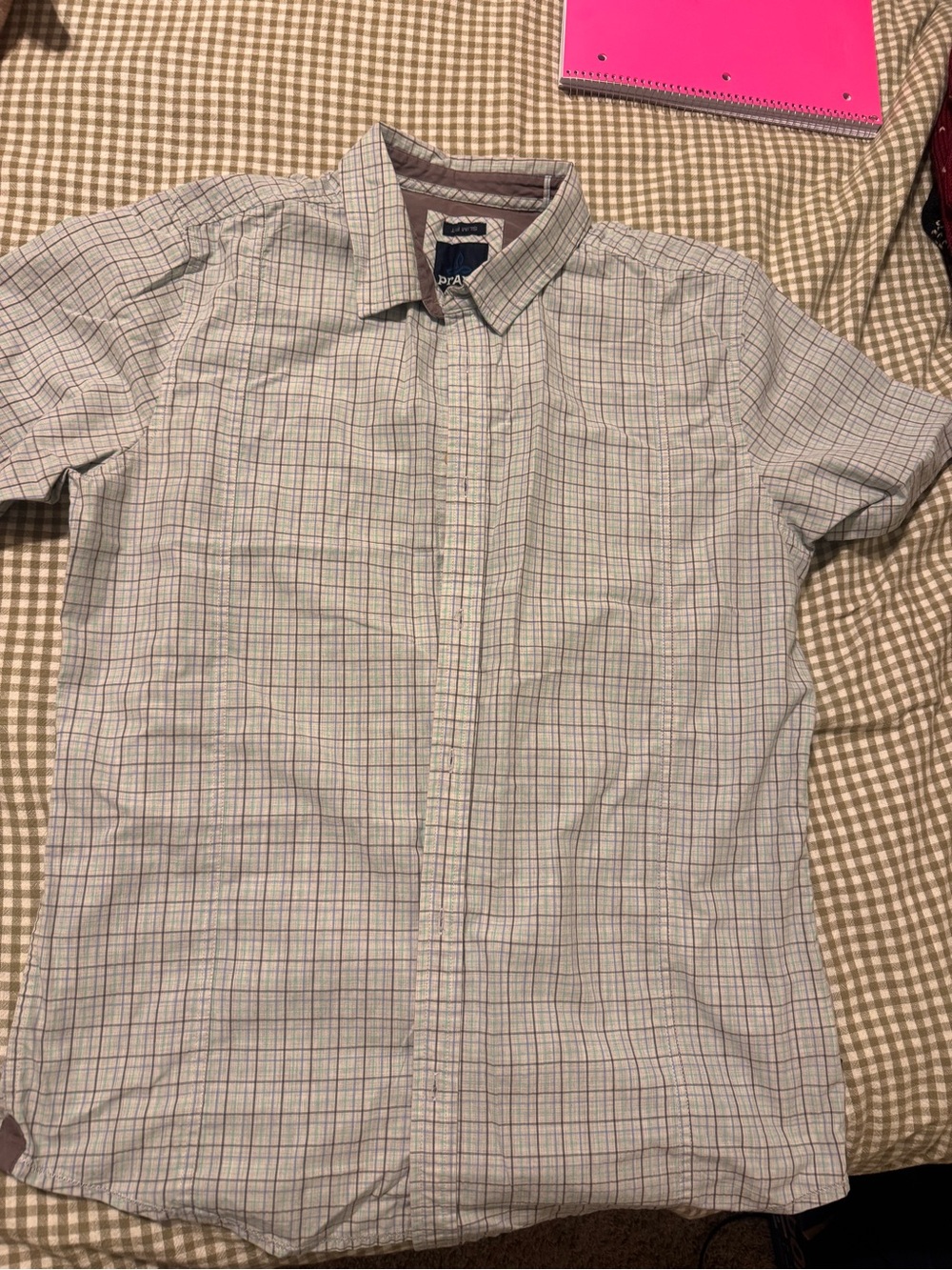 Prana Short-Sleeve Plaid Button-Down Shirt - Light Gray with Blue & Red Lines